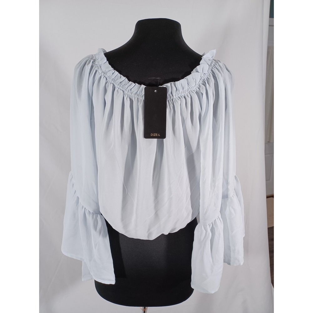 Shinestar Off Shoulder Blouse Womens Large Light Blue Long Bell Sleeve Boho Top - Picture 3 of 8